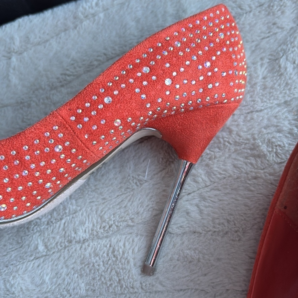 Orange Rhinestone Peek Toe Pumps - Picture 5 of 9
